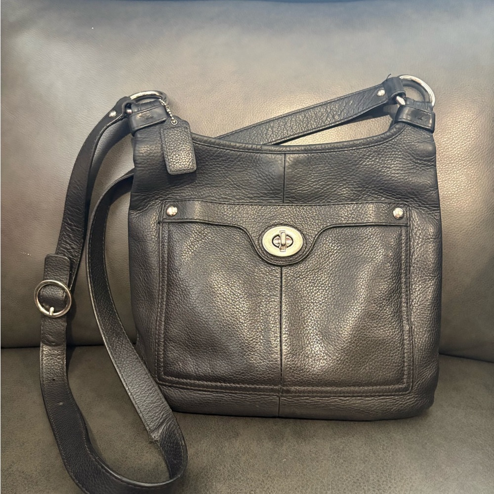 Coach Black Pebble Leather Shoulder Bag with Turn-Lock Pocket